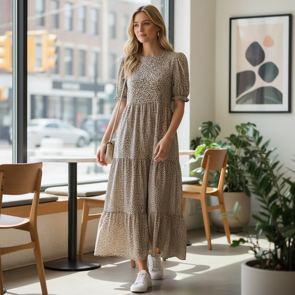 PRETTYGARDEN Maxi Dress S Brown and Cream Leopard Print